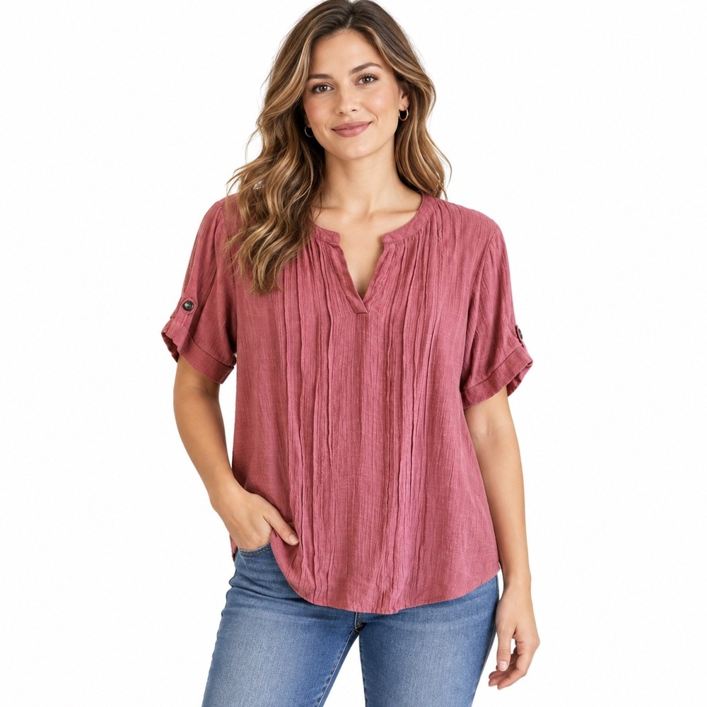 Perception Concept Women XL Mauve Red Pintuck V-Neck Roll Tab Sleeve Blouse